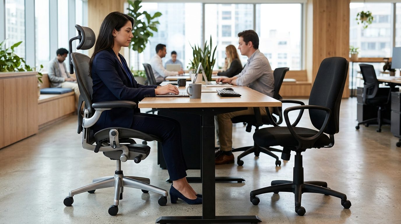 Sammenligning af ergonomisk arbejdsstol og almindelig kontorstol i moderne arbejdsplads