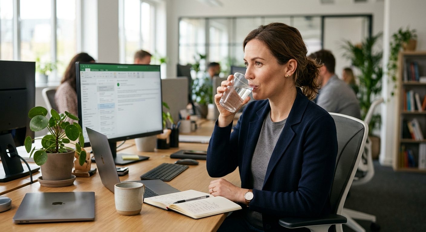 Kvinde på arbejdspladsen holder glas vand for at lindre halsbrand under arbejdsdagen