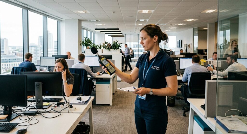 Arbejdsmiljøfagperson måler støjniveauer med decibelometer på et kontor