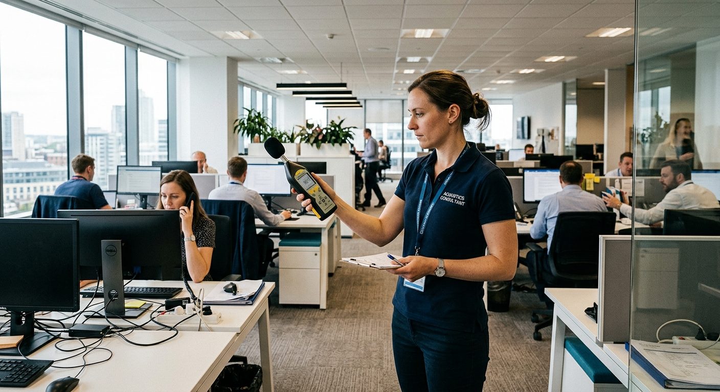Arbejdsmiljøfagperson måler støjniveauer med decibelometer på et kontor