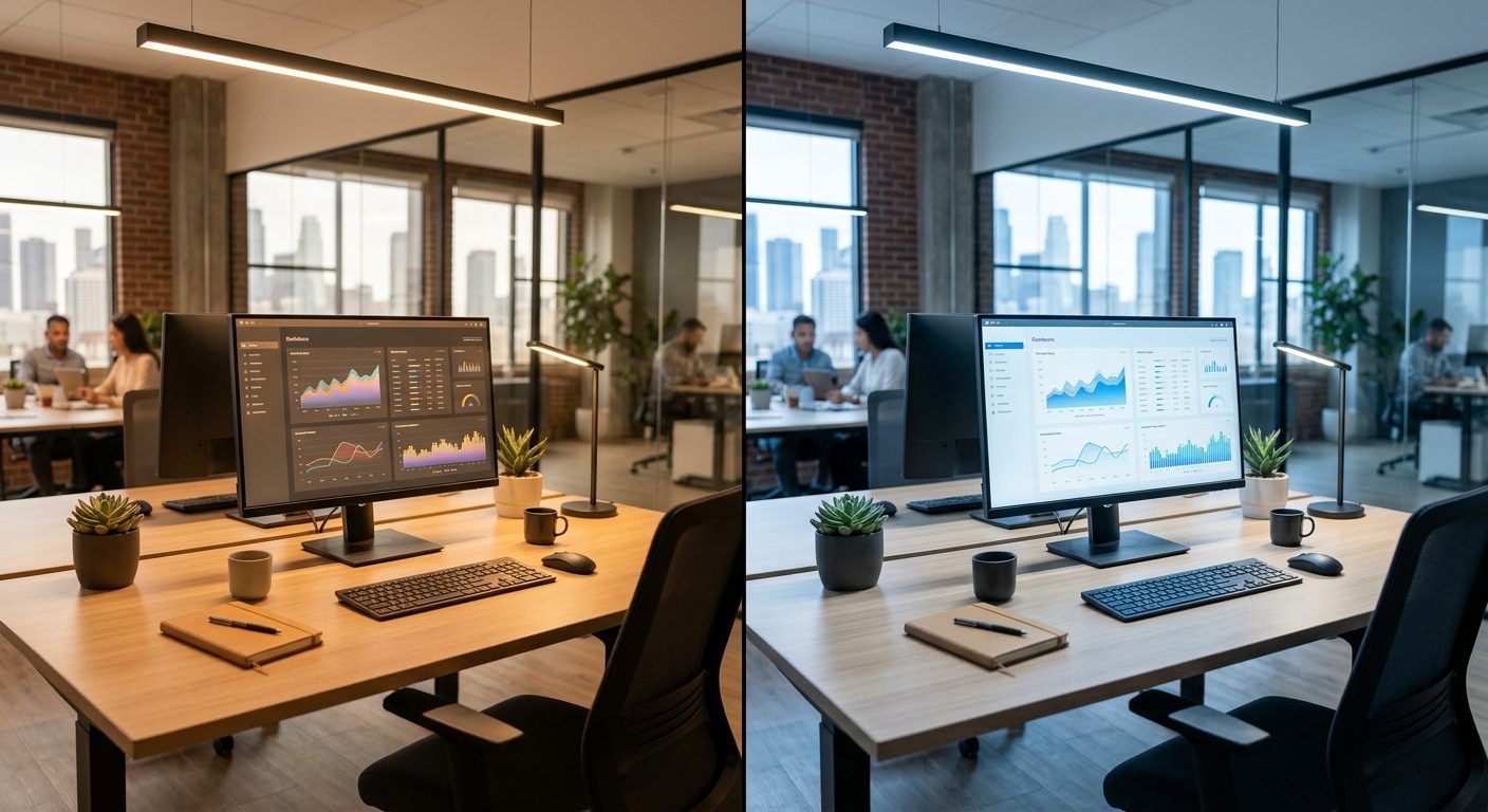 Moderne kontorplads med varmt og koldt kunstigt lys som eksempel på påvirkning af arbejdsmiljøet