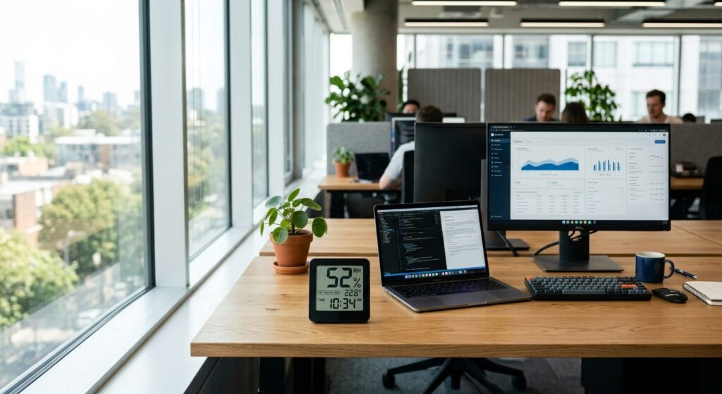 Digitalt hygrometer på moderne arbejdsbord der viser luftfugtighed i kontorlokalet
