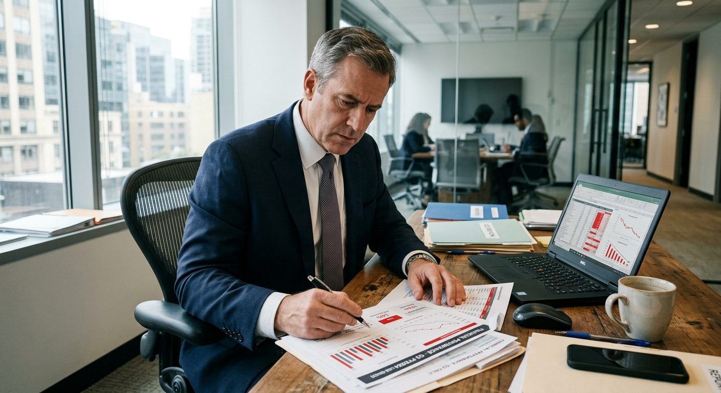 Forretningsmand analyserer økonomiske tal der viser omkostningerne ved dårligt arbejdsmiljø