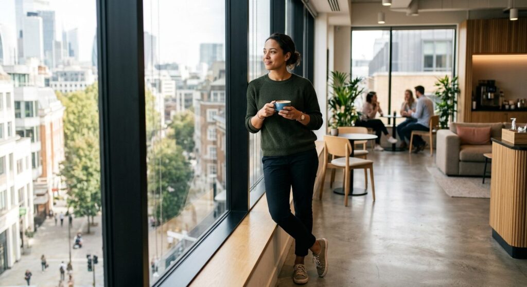 Medarbejder holder bevidst arbejdspause væk fra computerarbejdsplads med kaffe og fokus på restitution