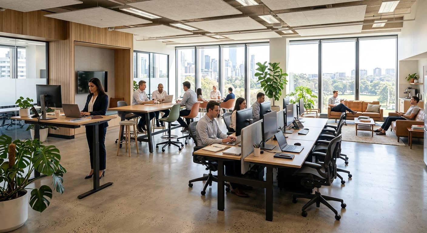 Moderne arbejdsplads med forskellige sitdemøbler og ergonomiske løsninger til sundere arbejdsmiljø