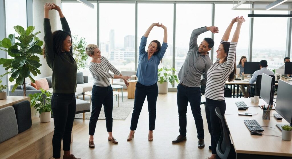 Medarbejdere der dyrker fitness på arbejdspladsen i en lys kontormiljø