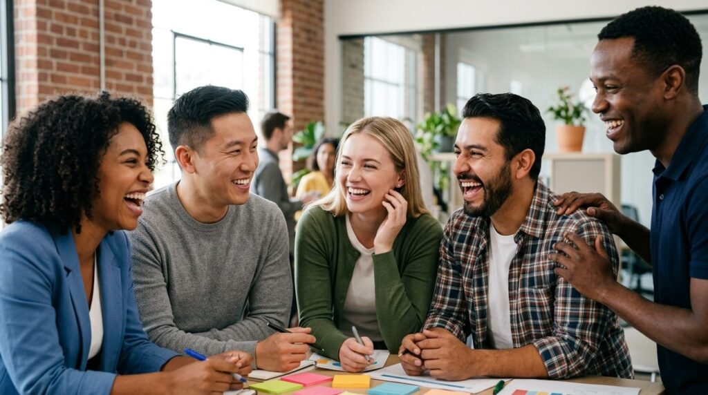 Close-up of mixed-gender corporate team members smiling and