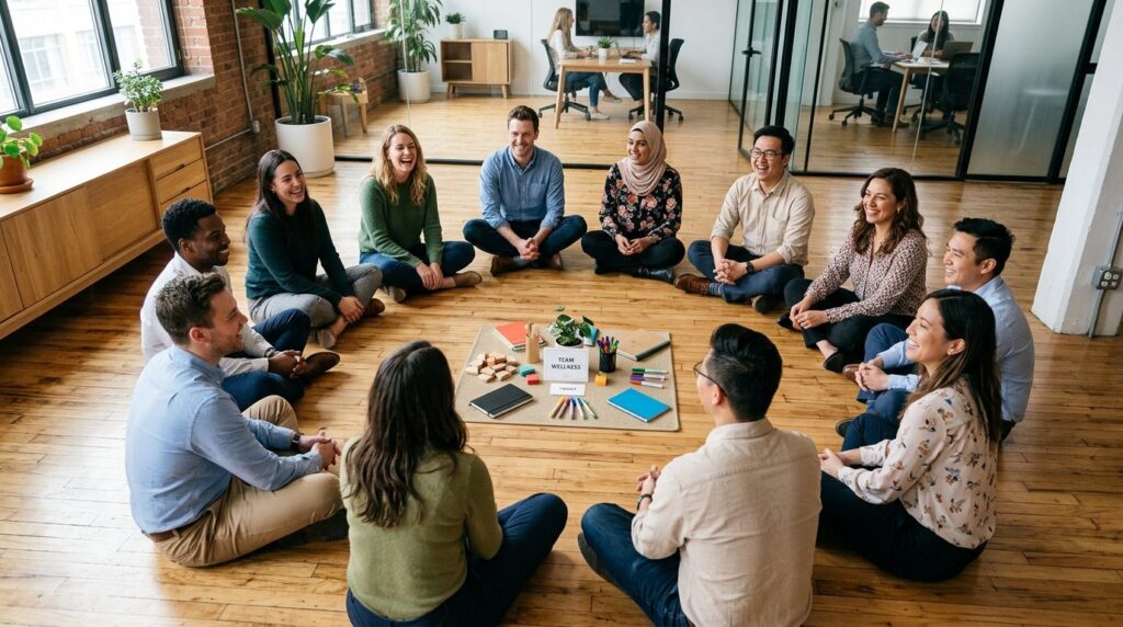 Overhead view of corporate employees sitting in circle durin