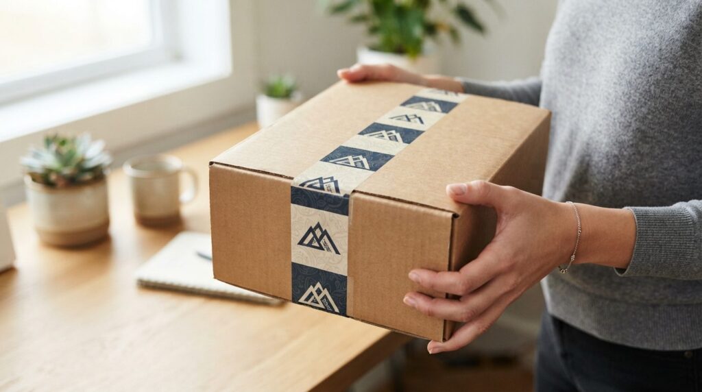 Close-up of hands holding a professionally packaged cardboar