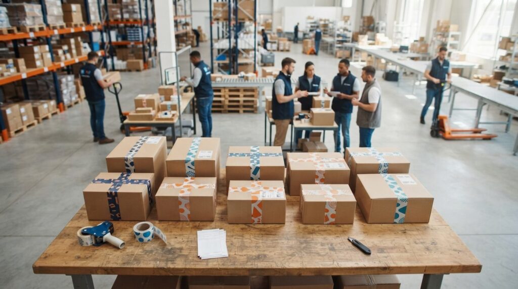 Birds eye view of multiple branded packages with custom log
