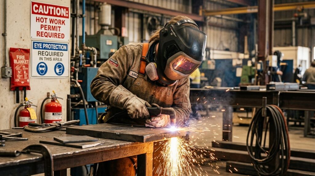 Close-up of a skilled welder in protective equipment working