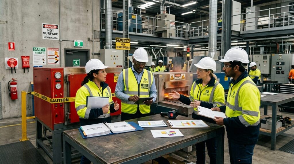 Diverse workplace safety team in a manufacturing facility ga
