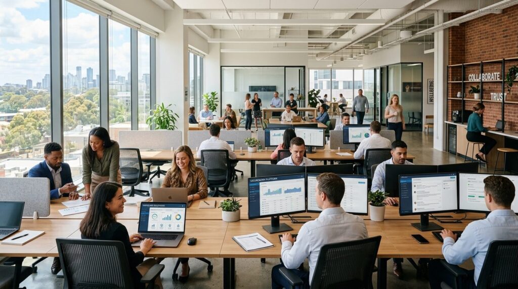Photorealistic wide-angle view of a bright, modern office sp