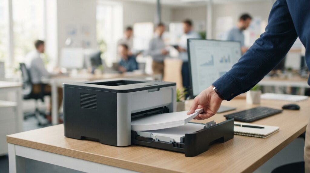 Close-up of office workers hand placing printer paper into