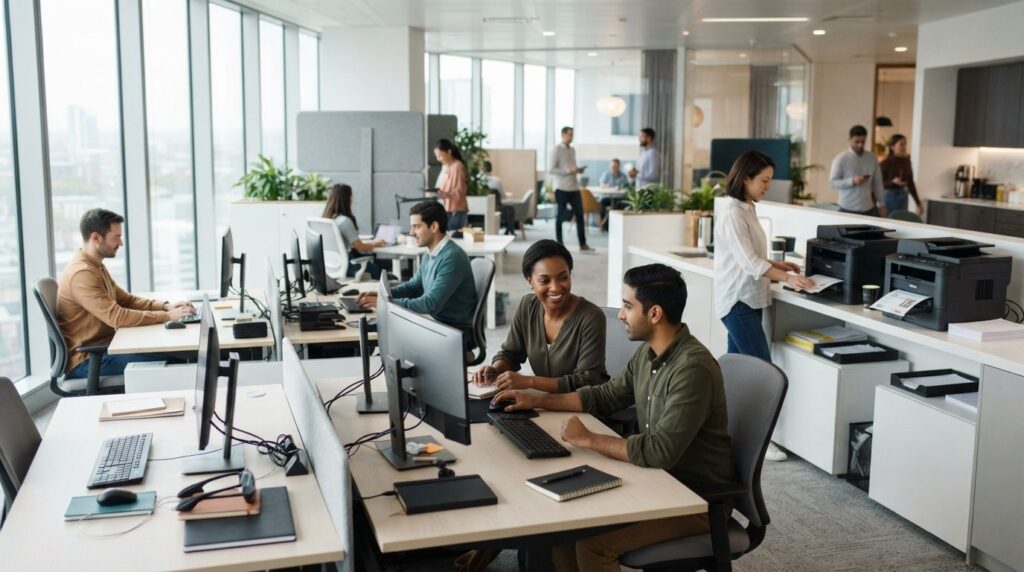 Calm motivated team in bright open-plan office space, multip