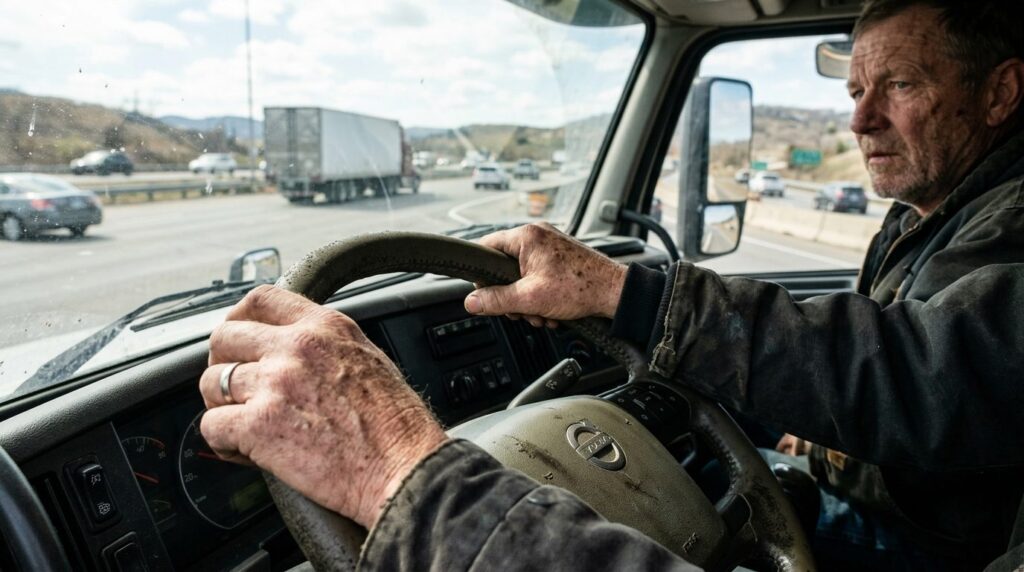 Close-up photograph of a truck drivers hands on the steerin