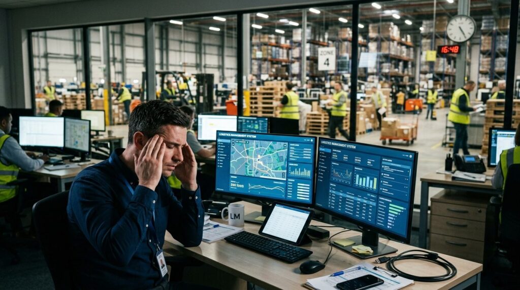 Professional office scene showing a logistics manager sittin