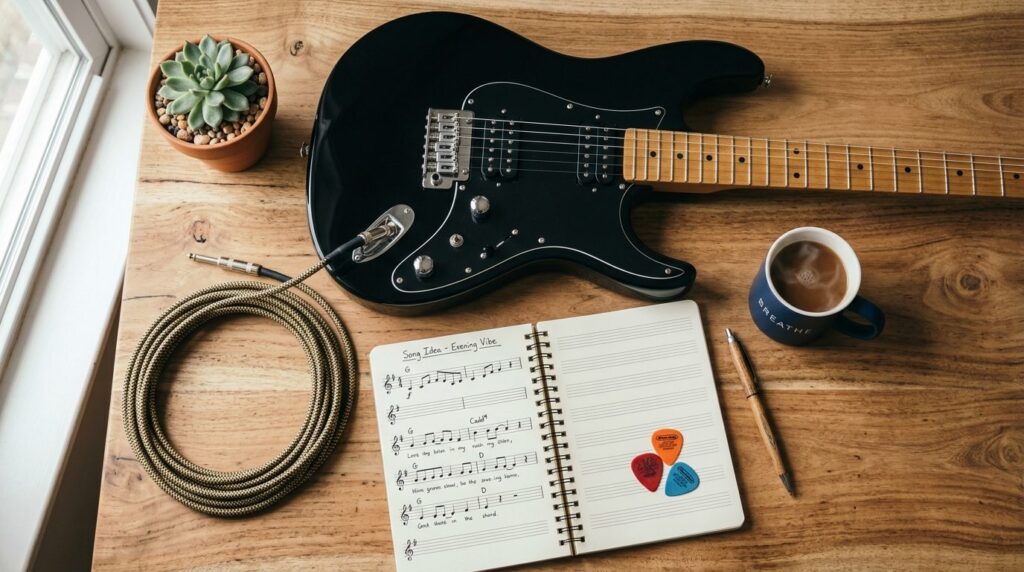 Close-up overhead flat lay photography of a sleek electric g