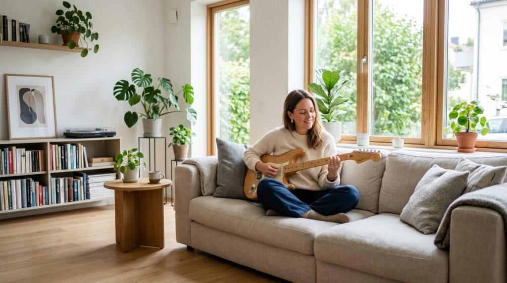 Wide shot of a relaxed woman sitting on a comfortable couch 