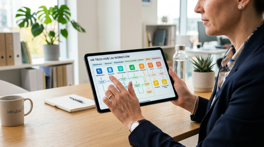 Close-up of a female HR managers hands holding a tablet sho