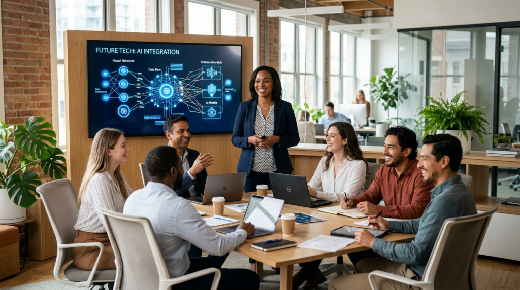 Group of mixed employees in a contemporary workplace having 