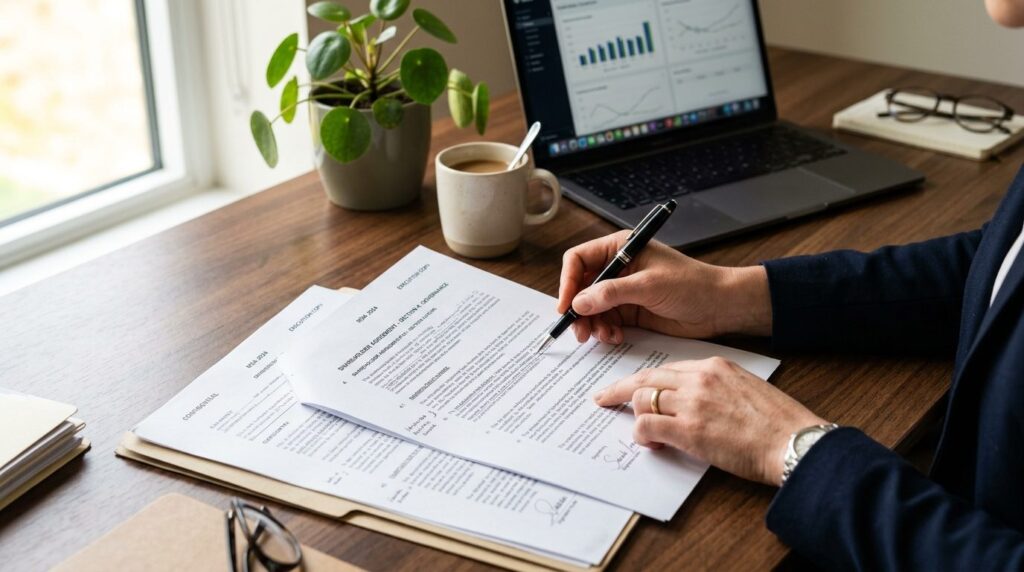 Close-up photograph of a business owners hands reviewing le