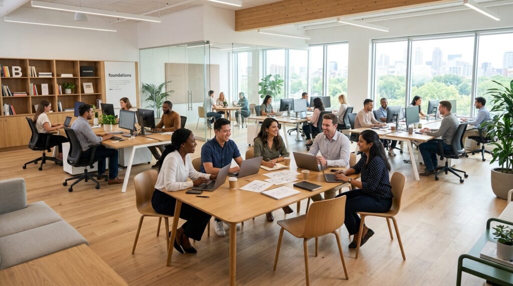 Wide shot of a modern startup office with diverse employees