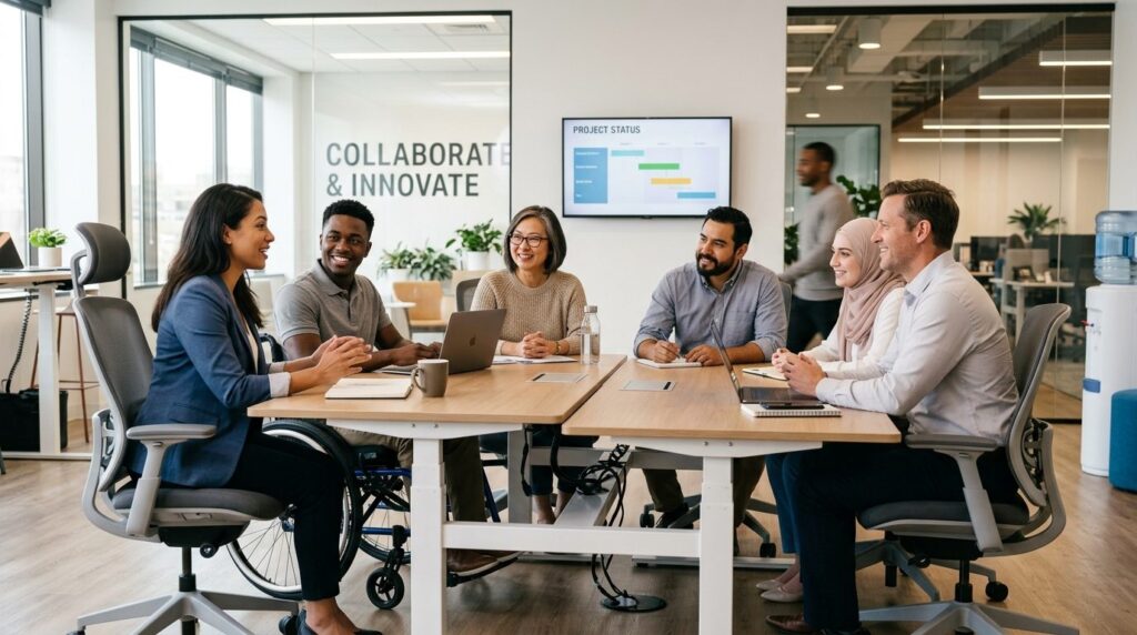 Photorealistic image of a diverse team in a modern office me