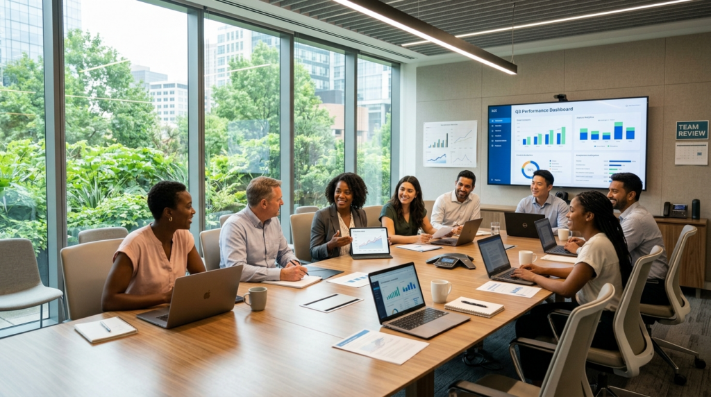 Wide-angle photograph of a modern corporate meeting room wit