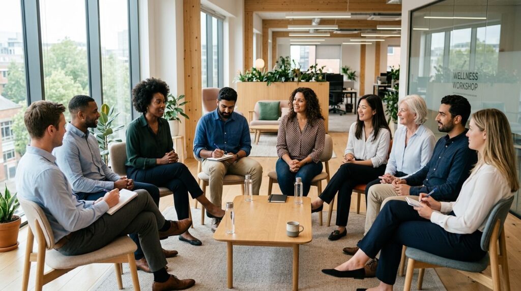 Diverse group of office professionals in a modern workplace