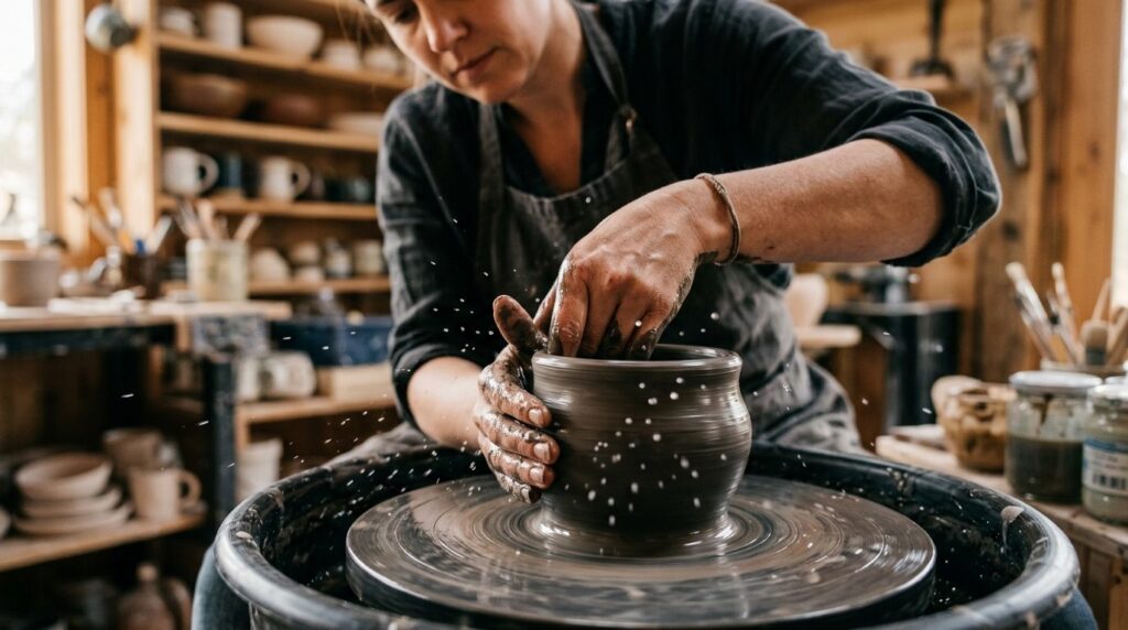 Close-up detail shot of hands on a pottery wheel spinning cl