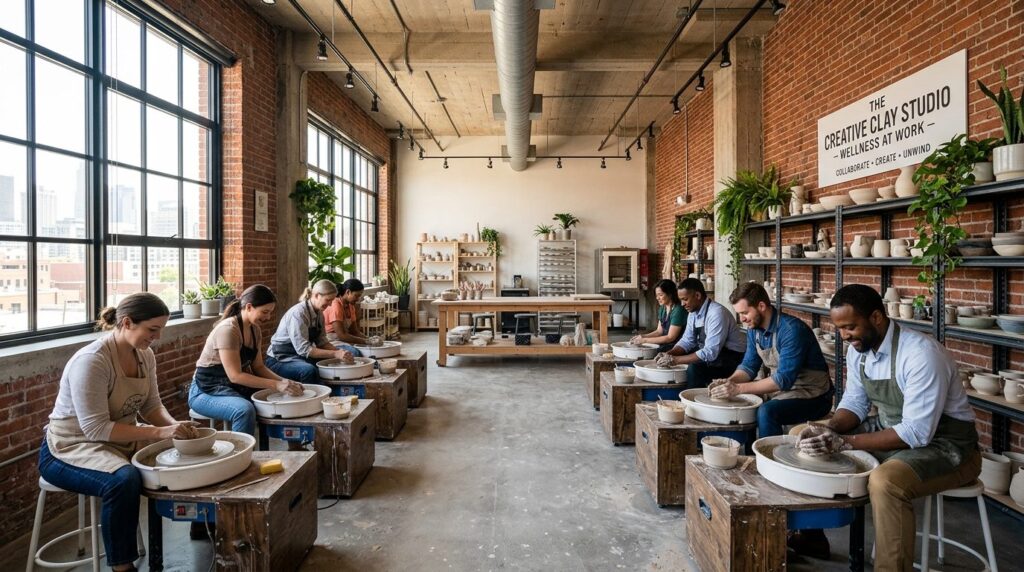 Wide angle view of a contemporary corporate wellness room wi
