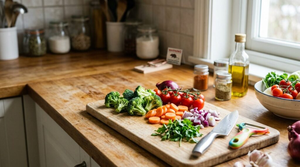 Close-up macro photograph of a kitchen counter with fresh ve
