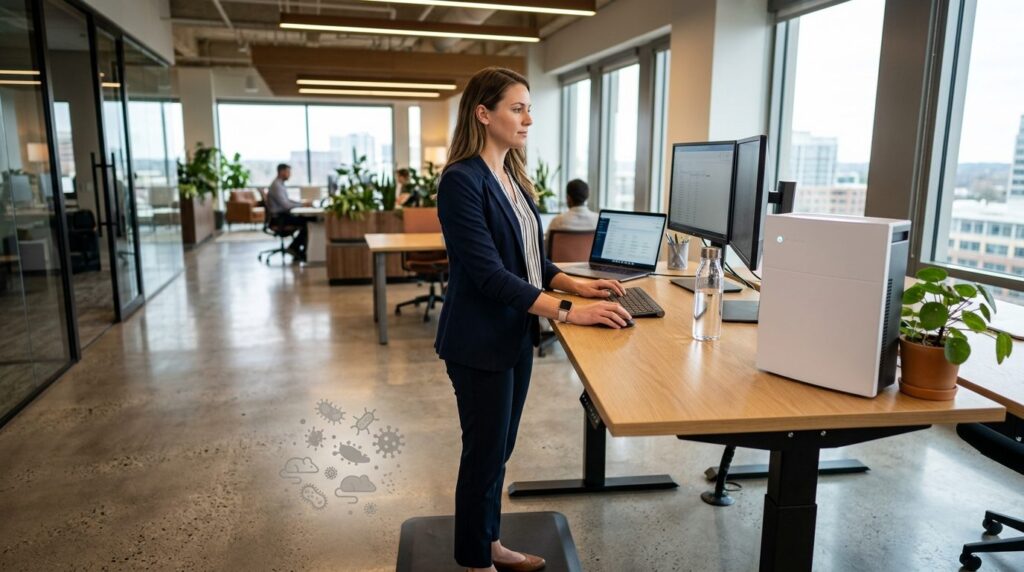 Wide shot of an employee at a standing desk in a modern offi