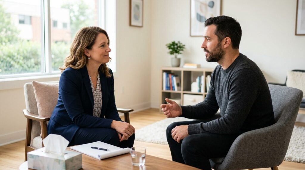 Photograph of a compassionate female therapist listening att
