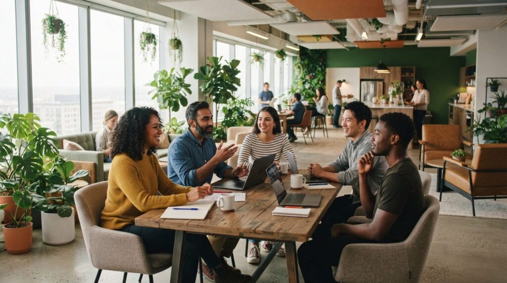 Team of employees in a modern workplace having a collaborati