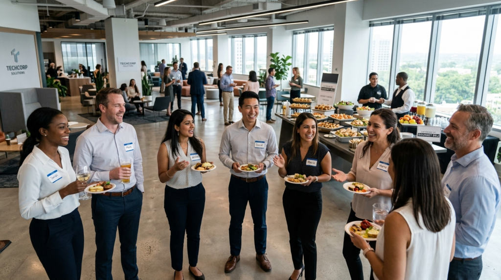 Wide angle view of a mixed group of office colleagues standi
