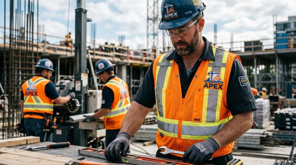Close-up professional photograph of construction workers in