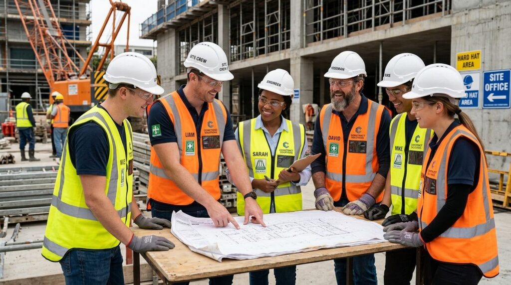 Workplace wellbeing scene showing construction site team wea