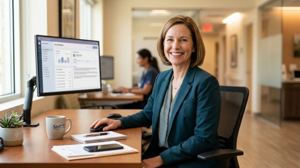 Close-up of female clinic manager at desk looking happy and 
