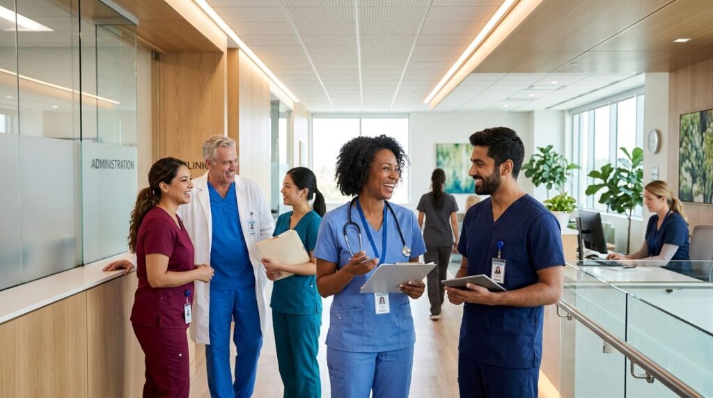 Diverse healthcare team in modern clinic hallway, medical pr