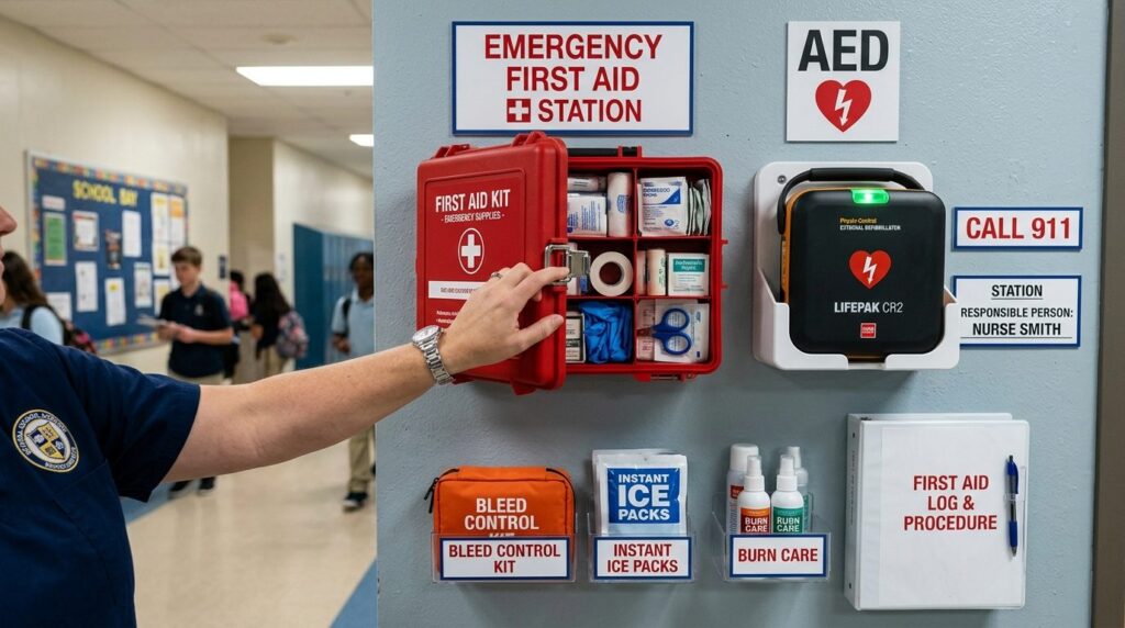 Close-up photograph of a well-organized first aid station mo