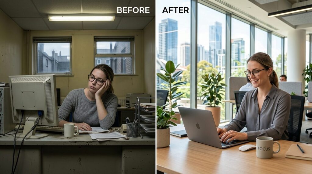 Split-screen comparison: left side shows employee at desk in