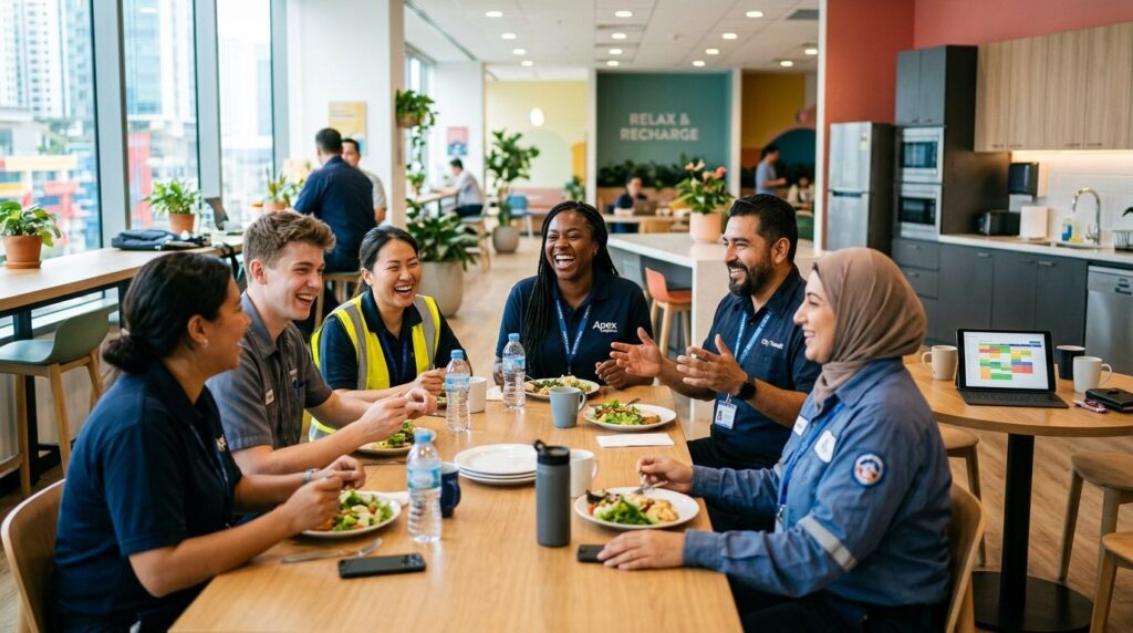 Wide shot of a diverse team of shift workers in a break room