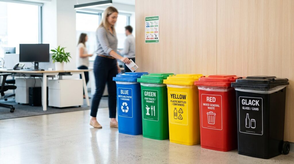 Close-up of properly organized office waste management syste