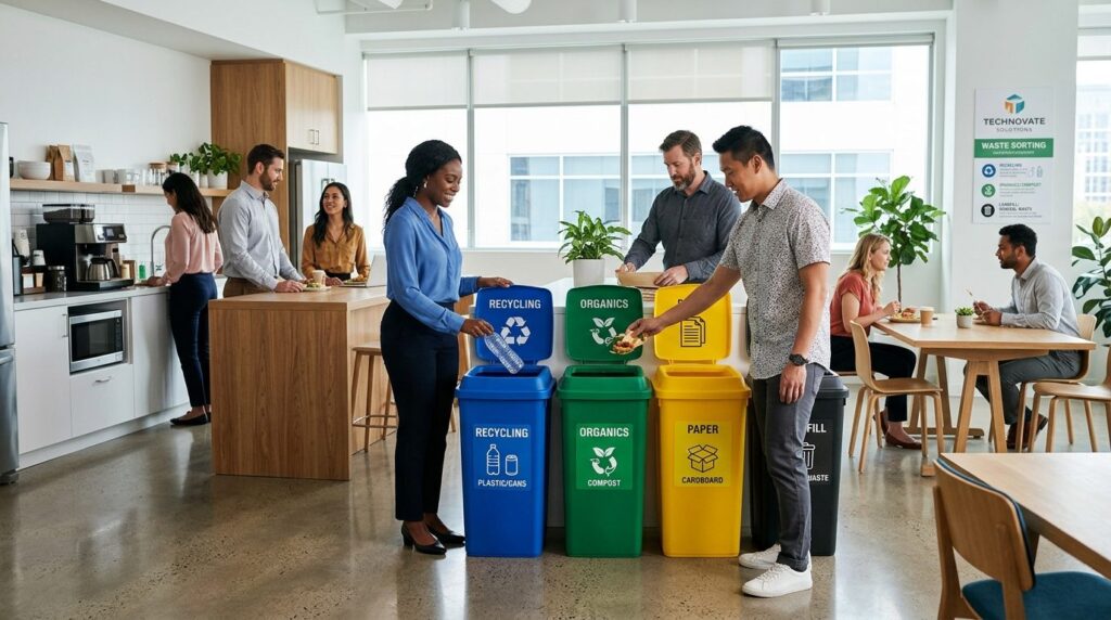 Modern corporate office break room with employees practicing
