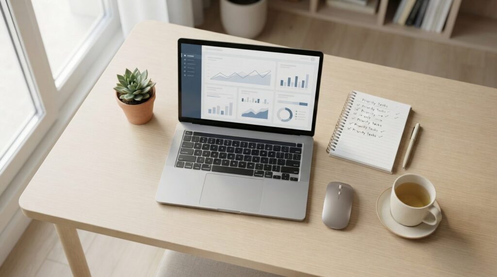 Overhead shot of a small business owners workspace showing