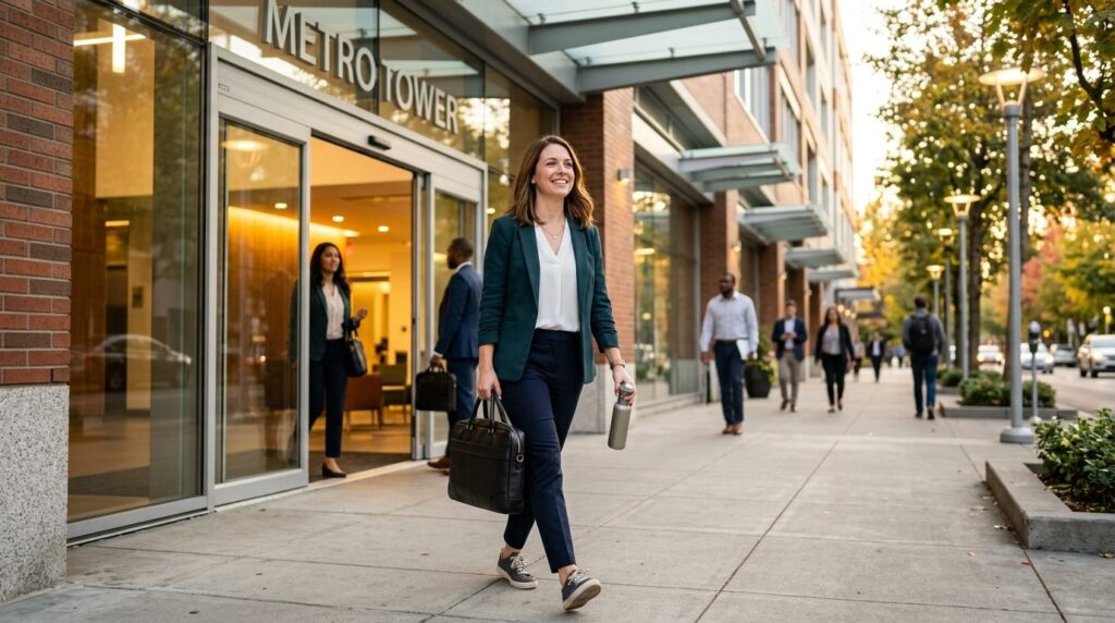 Realistic photograph of a satisfied employee leaving the off