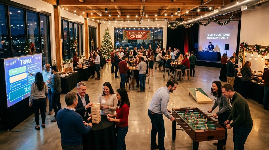 Wide shot of modern corporate event space with multiple grou