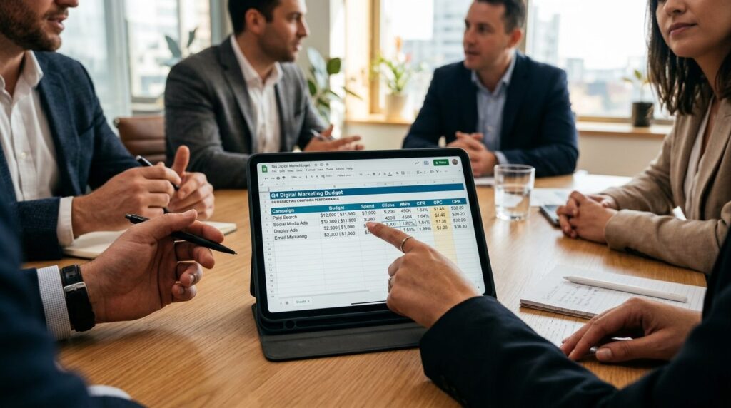 Close-up of hands pointing at digital marketing budget sprea